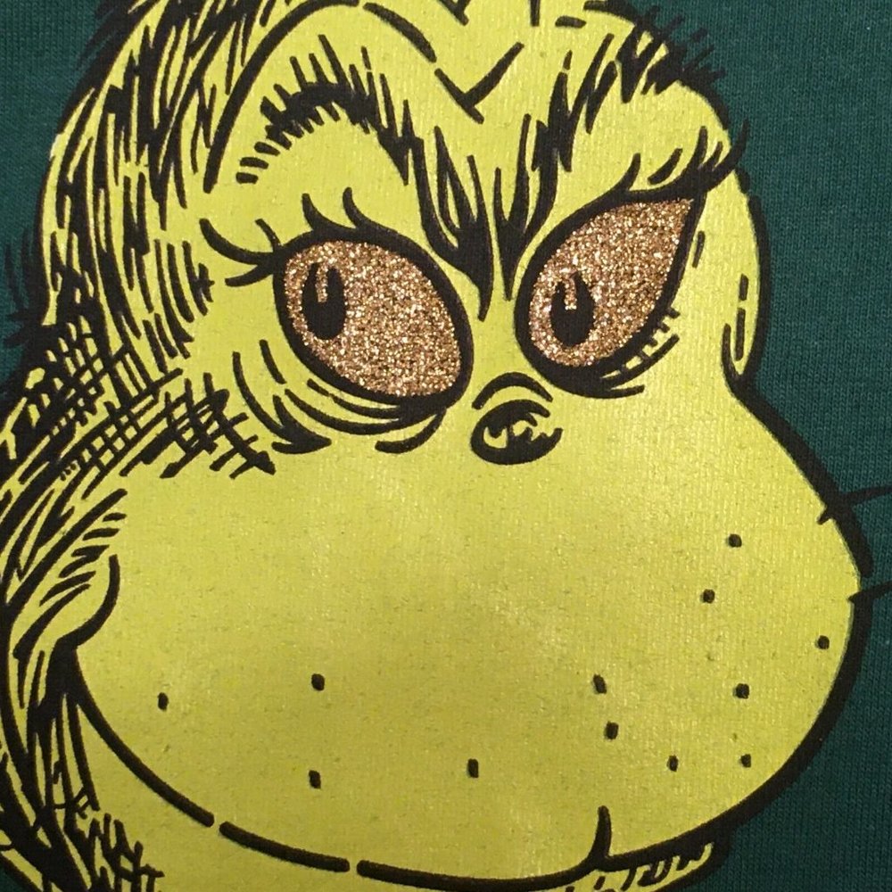 VINTAGE GRINCH Green T-shirt, Gold Glitter Eyes & Letters, 1997, Size Large (?)